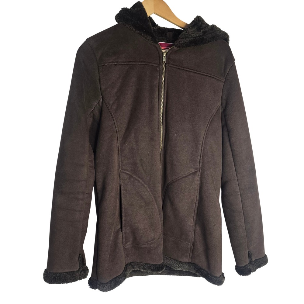 Merona Faux Suede Hooded Jacket Women M Brown Polyester Faux Fur CabinCore Cozy